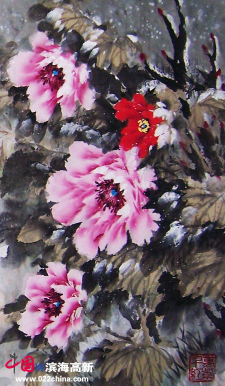 天津“冯牡丹”冯字锦作品:《雪牡丹》(局部)