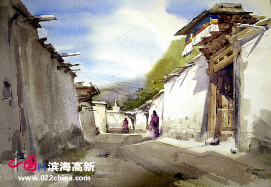 薛义水彩画作品“僧舍”