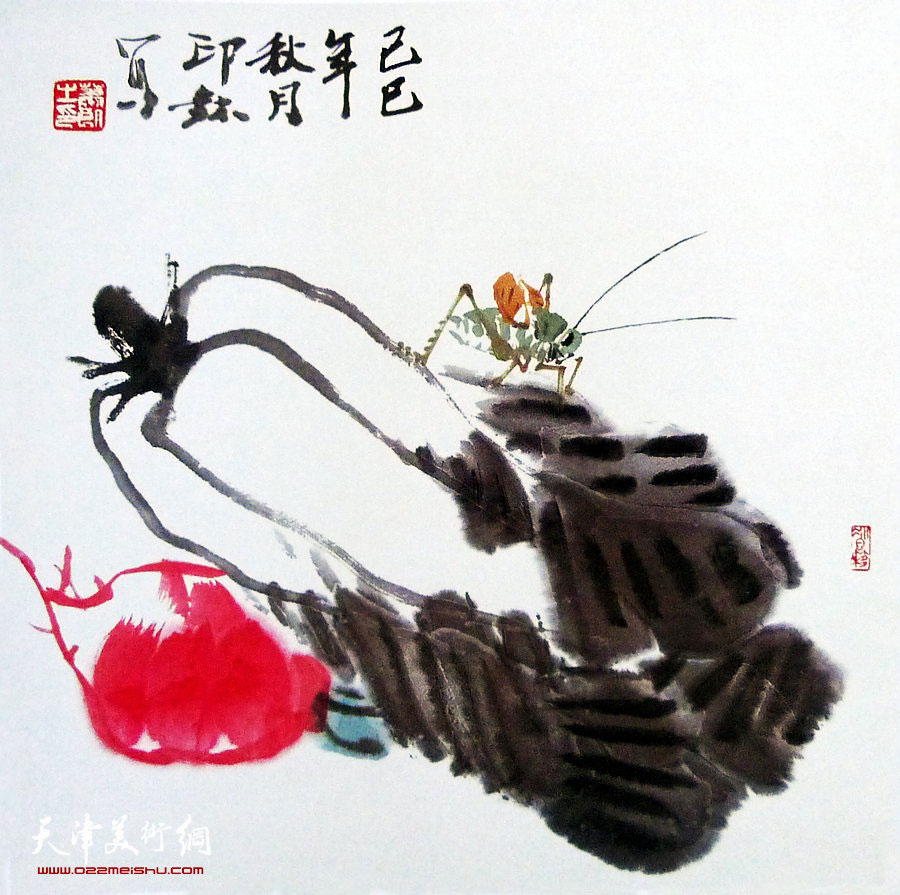 萧朗花鸟小品画作：《叫蝈蝈》1989年