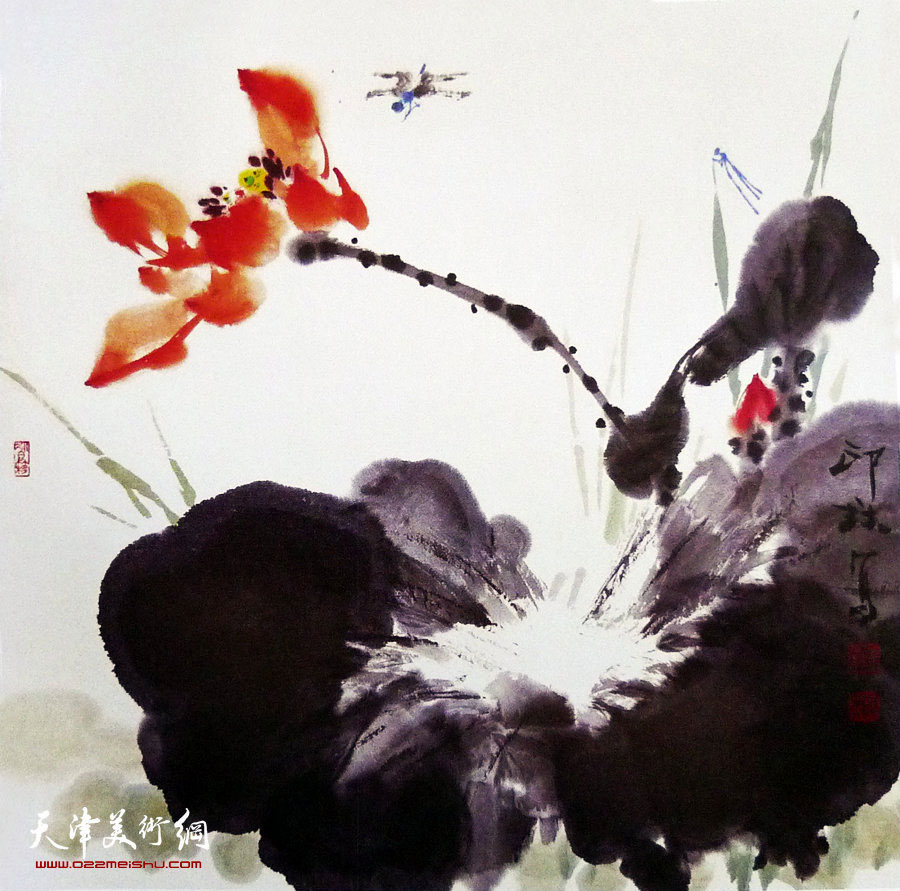 萧朗花鸟小品画作：《红荷》1997年