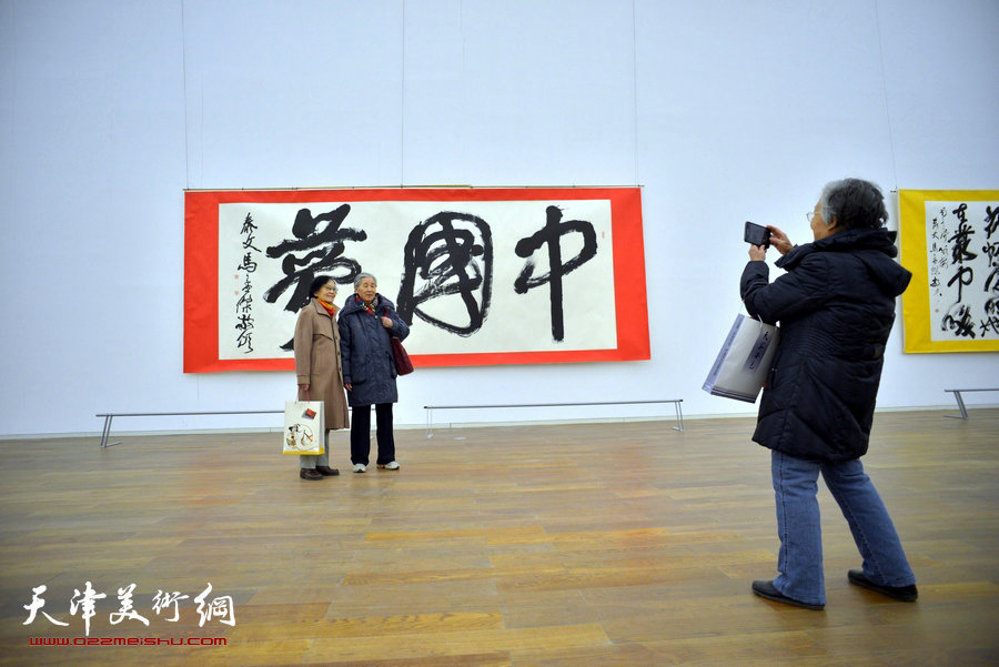 中国梦·天容海色——马孟杰书法作品展在天津美术馆举办。图为观众在马孟杰“中国梦”前留影。