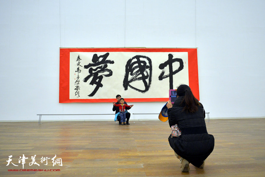 中国梦·天容海色——马孟杰书法作品展在天津美术馆举办。图为观众在马孟杰“中国梦”前留影。