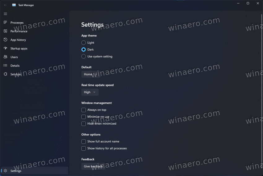 the settings page