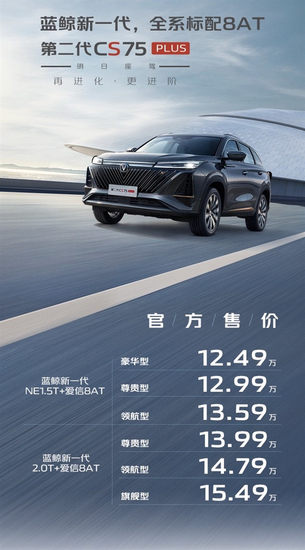 全系爱信8AT 长安第二代CS75 PLUS上市：12.49-15.49万元