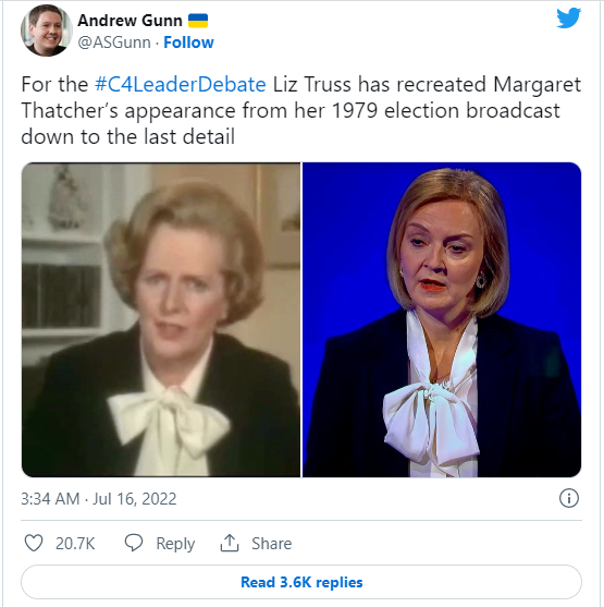 英国网民热议：参选保守党党首的特拉斯在模仿撒切尔夫人着装