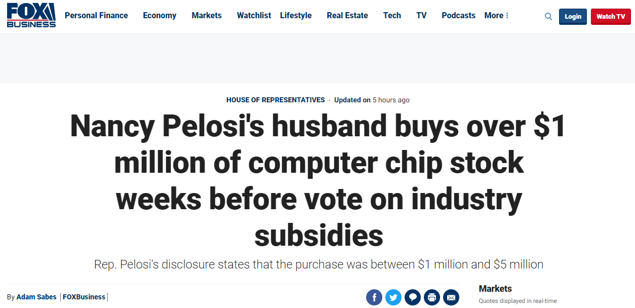美媒：美国会“芯片法案”投票前，佩洛西丈夫提前购入上百万美元股票